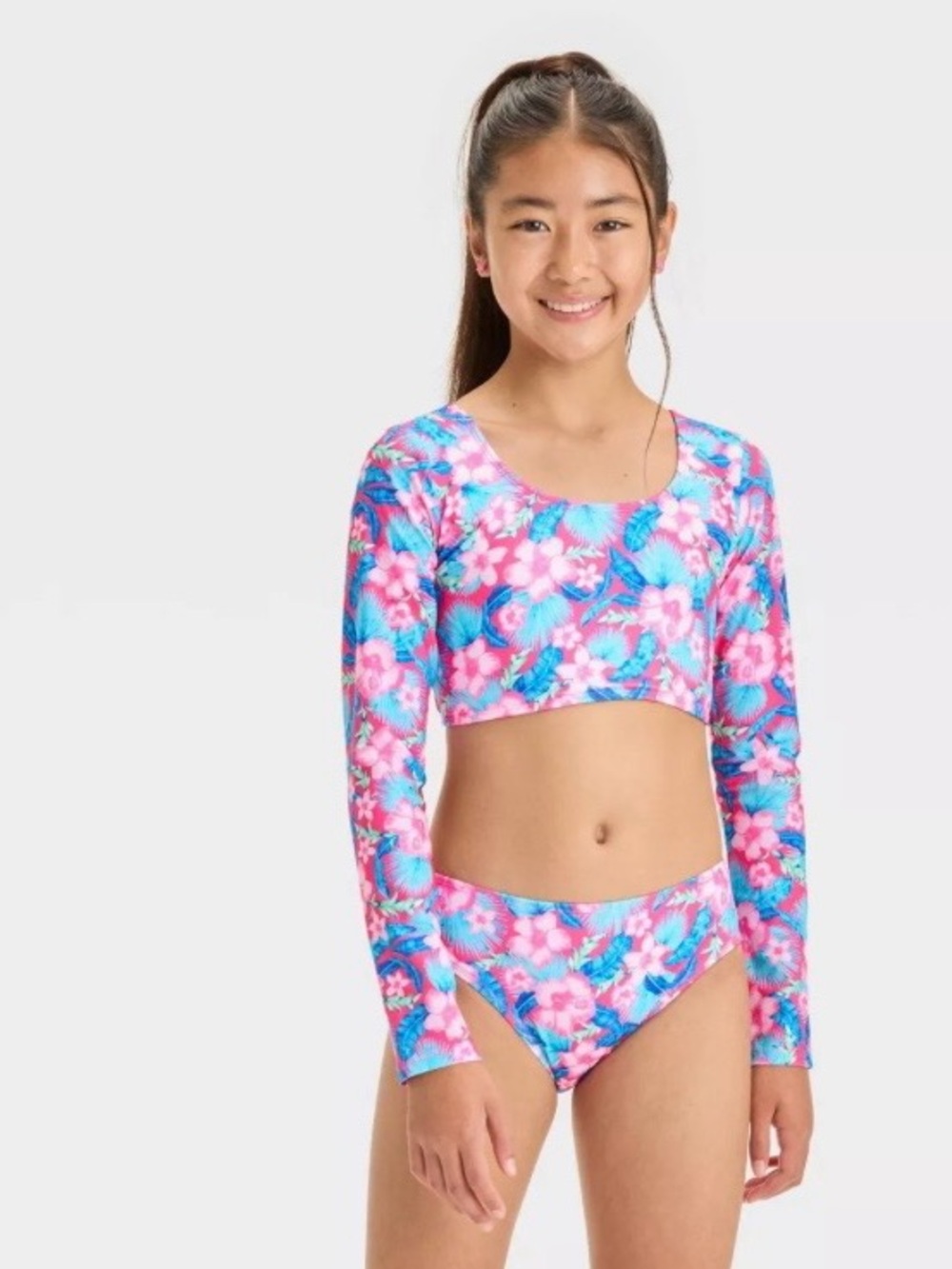 art class Pink & Blue Floral Long-Sleeve Crop Kids Swim Set